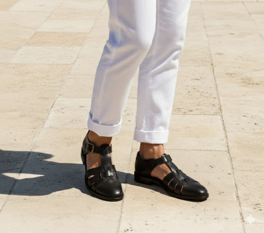 Premium Leather Sandals For Men Top Grain Cowhide Summer Slippers Breathable Lightweight Driving Shoes