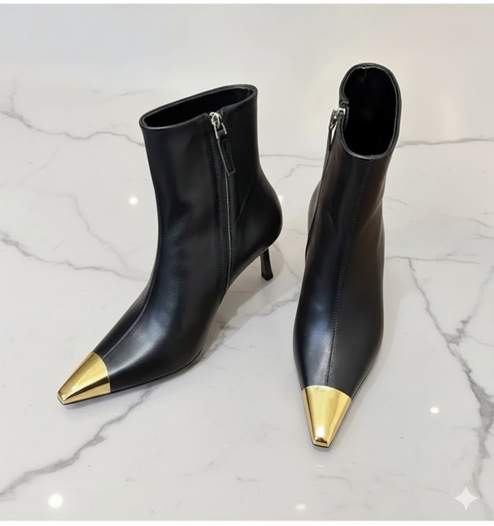 Luxury Star style Fashion Metal Square toe Leather Women Ankle short  Boots Elegant Autumn Winter Thin High heels Chelsea Short Boots Shoes