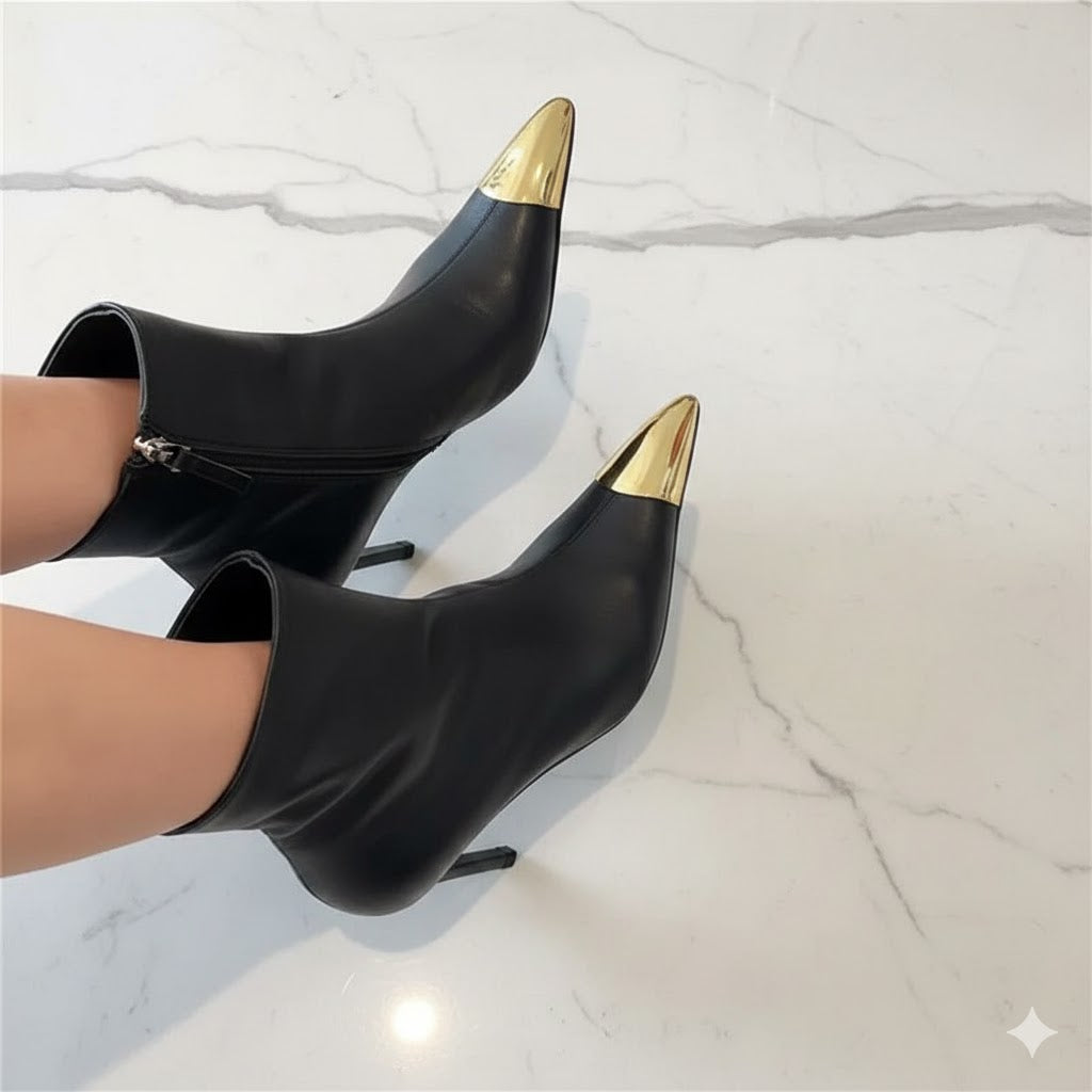 Luxury Star style Fashion Metal Square toe Leather Women Ankle short  Boots Elegant Autumn Winter Thin High heels Chelsea Short Boots Shoes