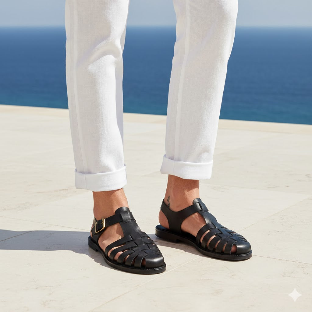 Premium Leather Sandals For Men Top Grain Cowhide Summer Slippers Breathable Lightweight Driving Shoes
